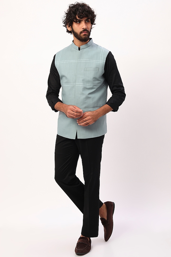 Powder Blue Linen Nehru Jacket by Agape Men