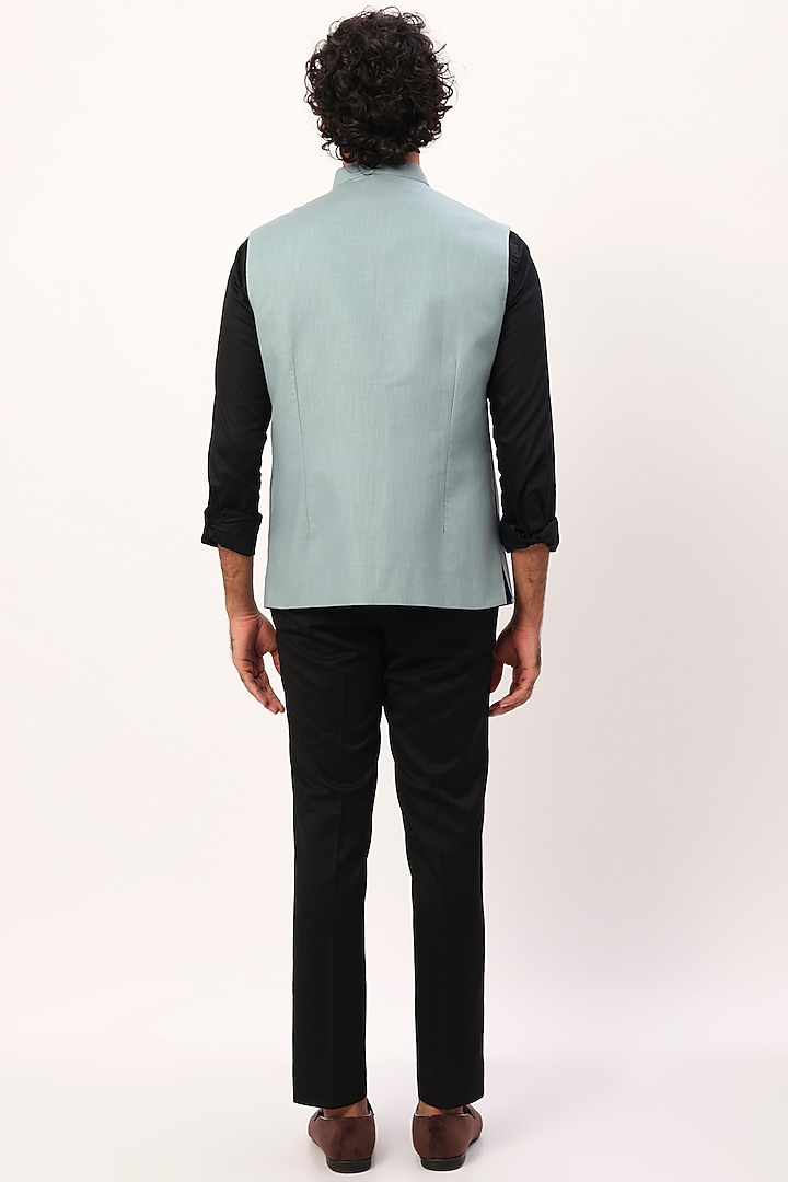 Powder Blue Linen Nehru Jacket by Agape Men at Pernia's Pop Up Shop