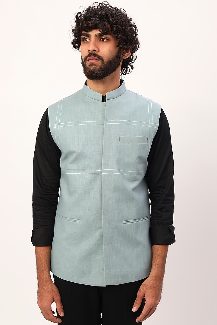 Powder Blue Linen Nehru Jacket by Agape Men at Pernia's Pop Up Shop