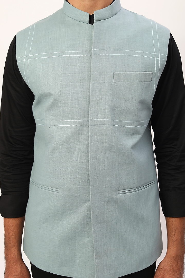 Powder Blue Linen Nehru Jacket by Agape Men at Pernia's Pop Up Shop