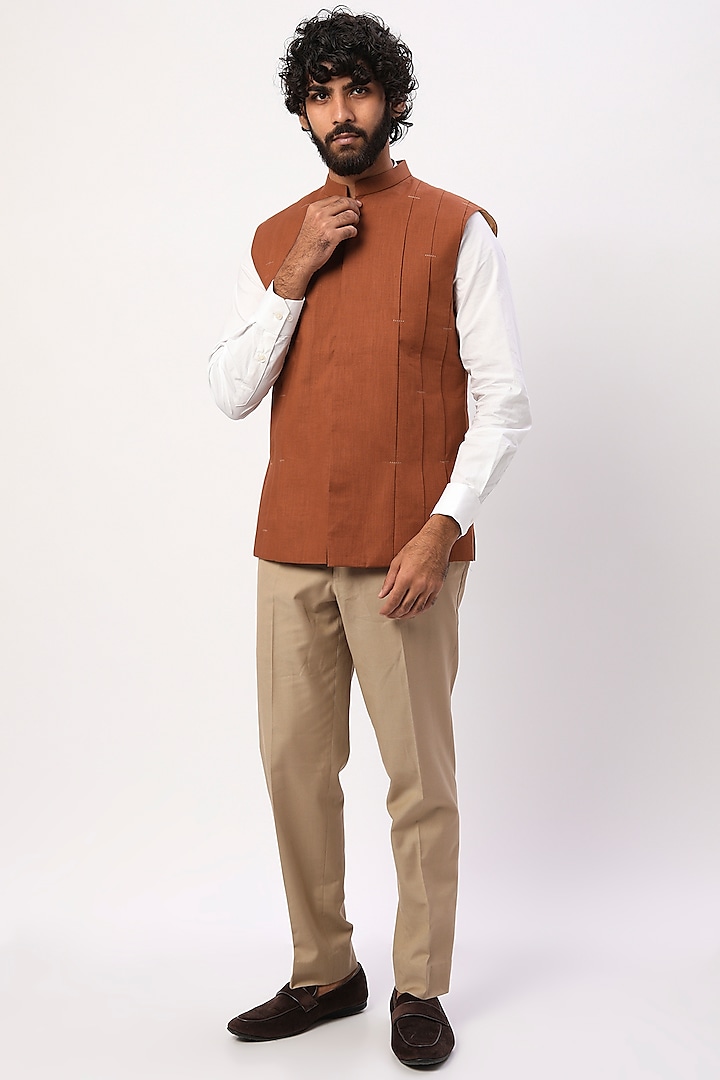 Brown Linen Nehru Jacket by Agape Men