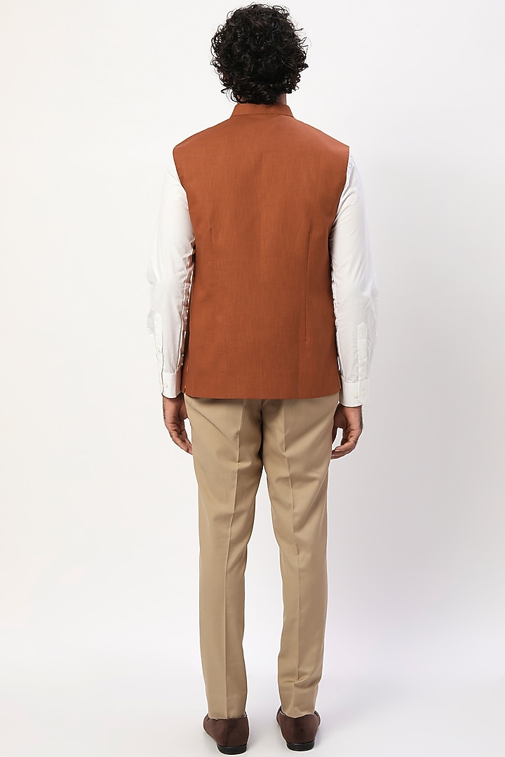 Brown Linen Nehru Jacket by Agape Men at Pernia's Pop Up Shop