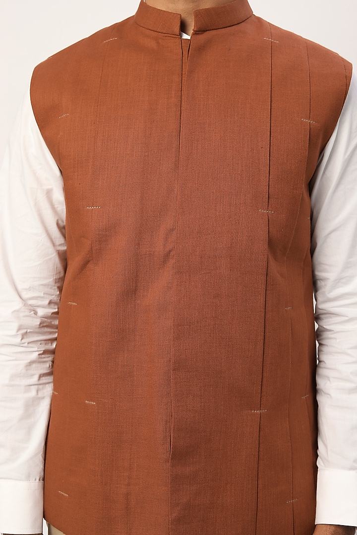 Brown Linen Nehru Jacket by Agape Men at Pernia's Pop Up Shop