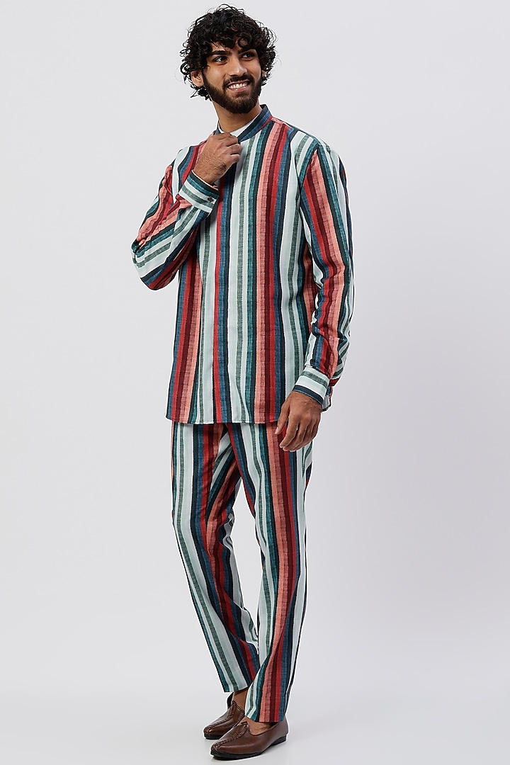 Multi-Coloured Striped Pant Set by Agape Men