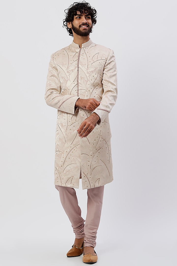 Peach Leaf Textured & Embroidered Sherwani Set by Agape Men