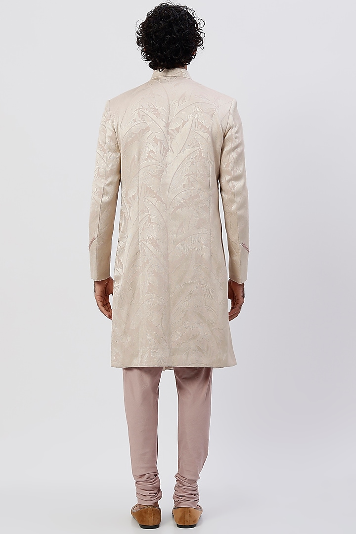 Peach Silk Leaf Texture Embroidered Wedding Sherwani Set by Agape Men at Pernia's Pop Up Shop