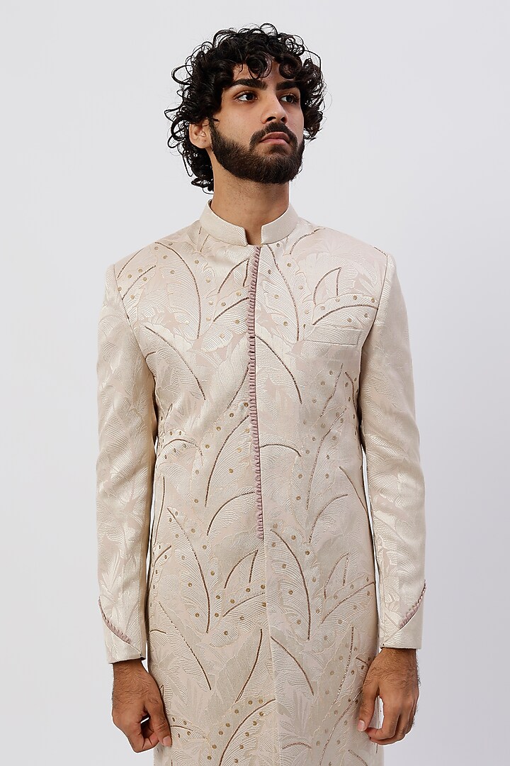 Peach Silk Leaf Texture Embroidered Wedding Sherwani Set by Agape Men at Pernia's Pop Up Shop