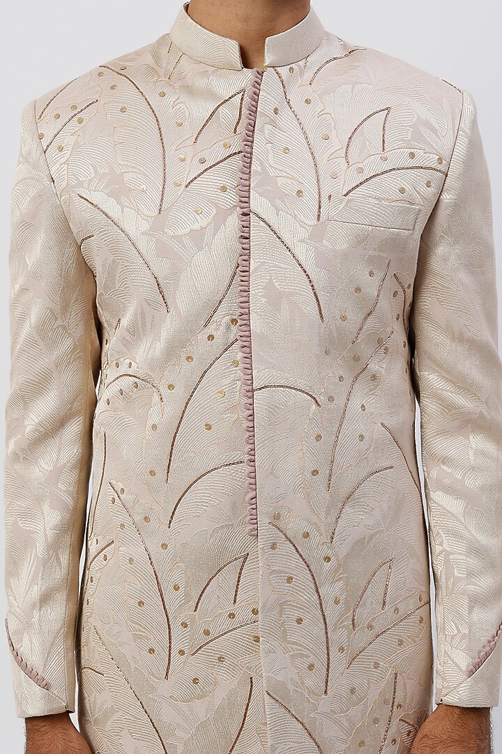 Peach Silk Leaf Texture Embroidered Wedding Sherwani Set by Agape Men at Pernia's Pop Up Shop