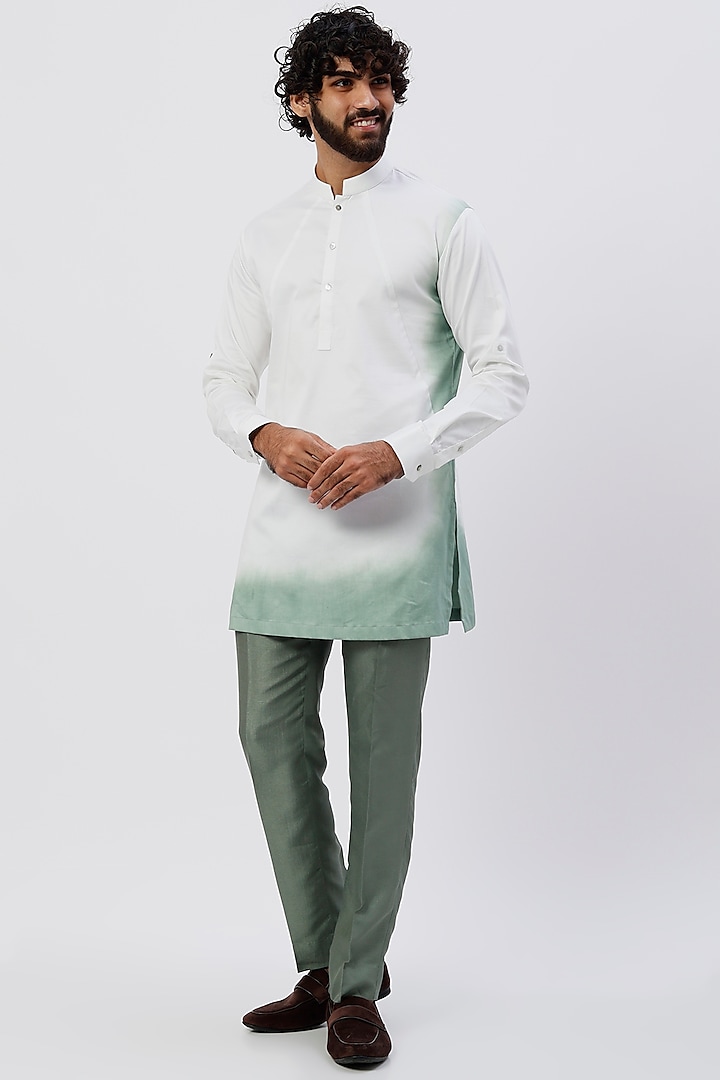 White & Mint Dip-Dyed Kurta by Agape Men