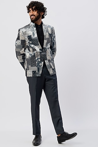 Grey Printed Blazer Set by Agape Men