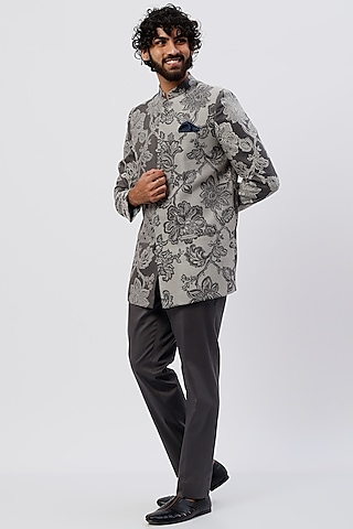 Grey Printed Bandhgala Set by Agape Men