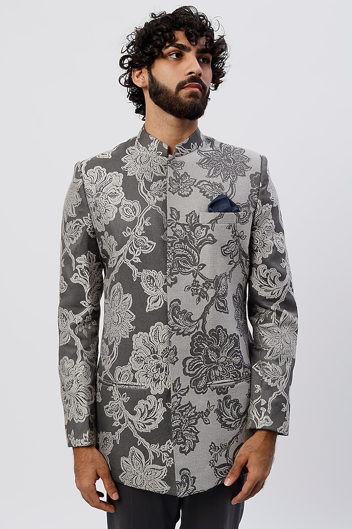 Grey Printed Wedding Bandhgala Set by Agape Men at Pernia's Pop Up Shop