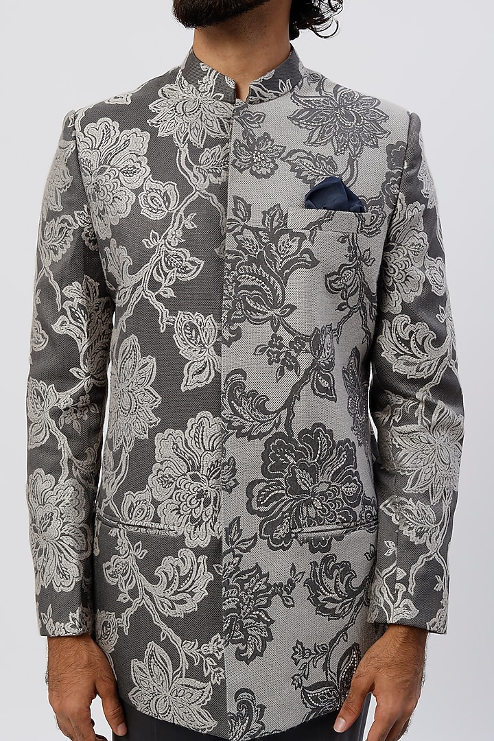 Grey Printed Wedding Bandhgala Set by Agape Men at Pernia's Pop Up Shop