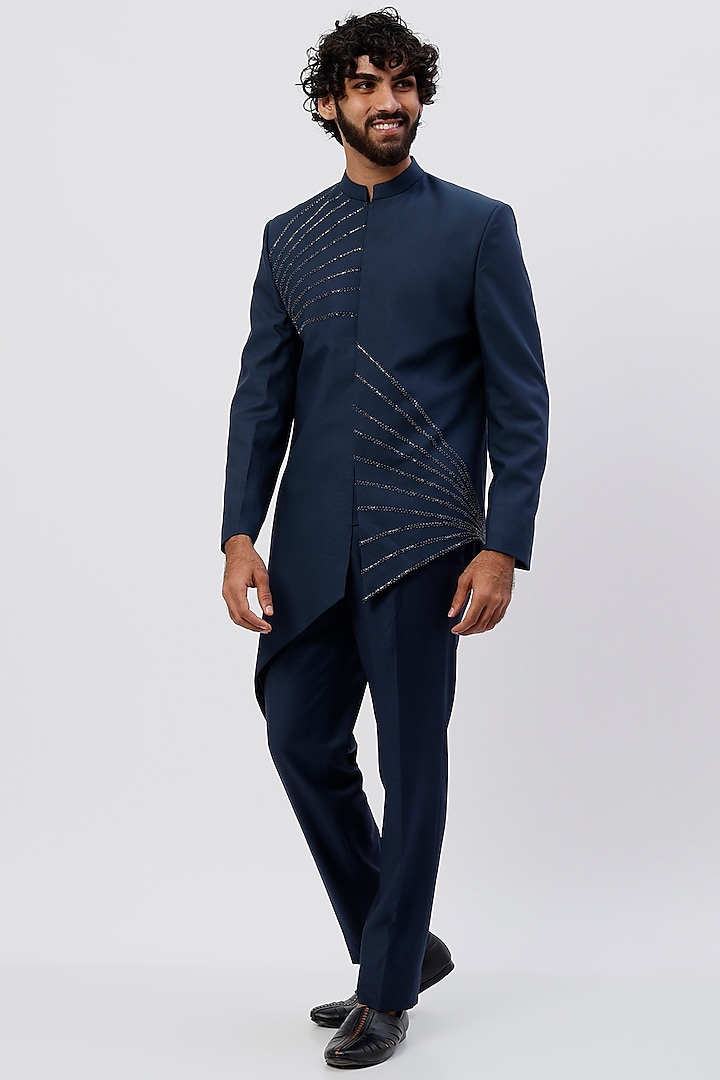 Navy Blue Embroidered Prince Suit Set by Agape Men