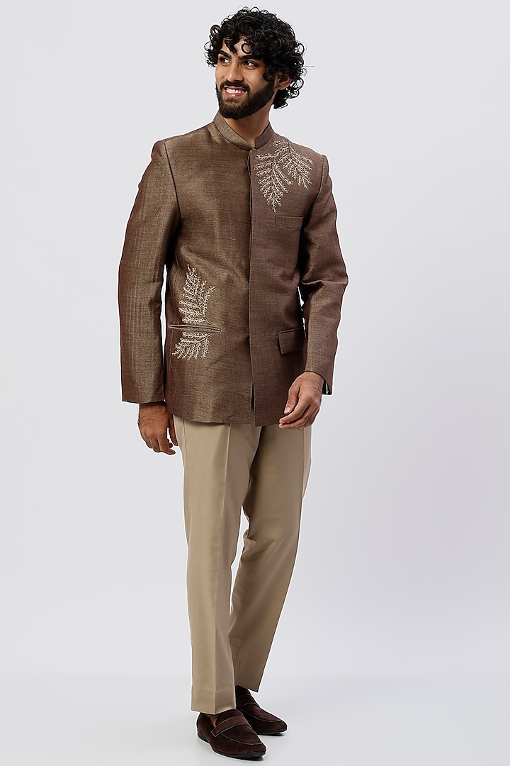 Brown Embroidered Prince Suit Set by Agape Men