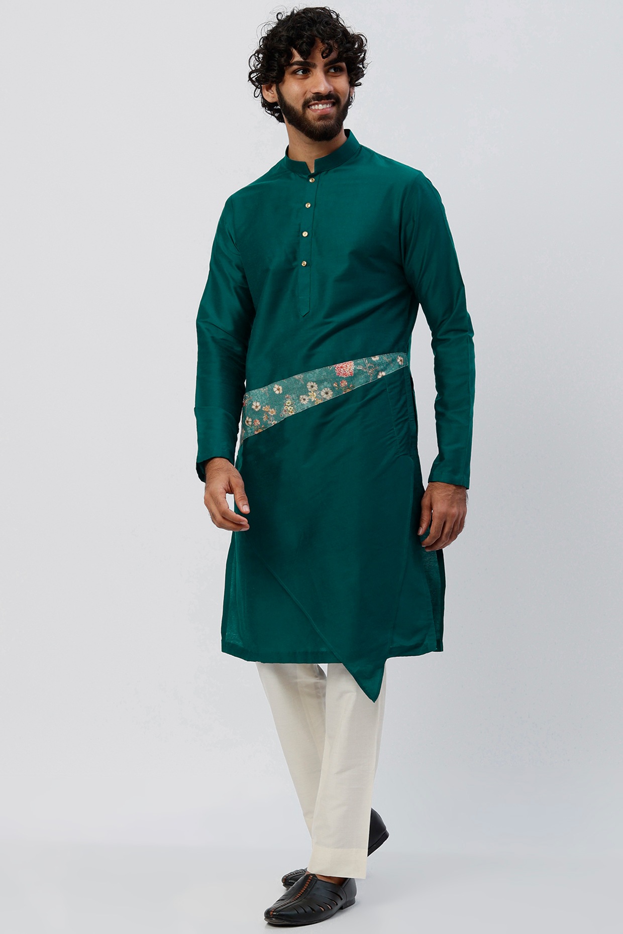 Dark Green Asymmetrical Kurta Set Design by Agape Men at Pernia s