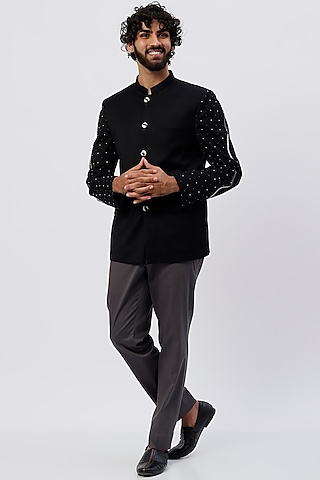 Black Embroidered Prince Suit Set by Agape Men