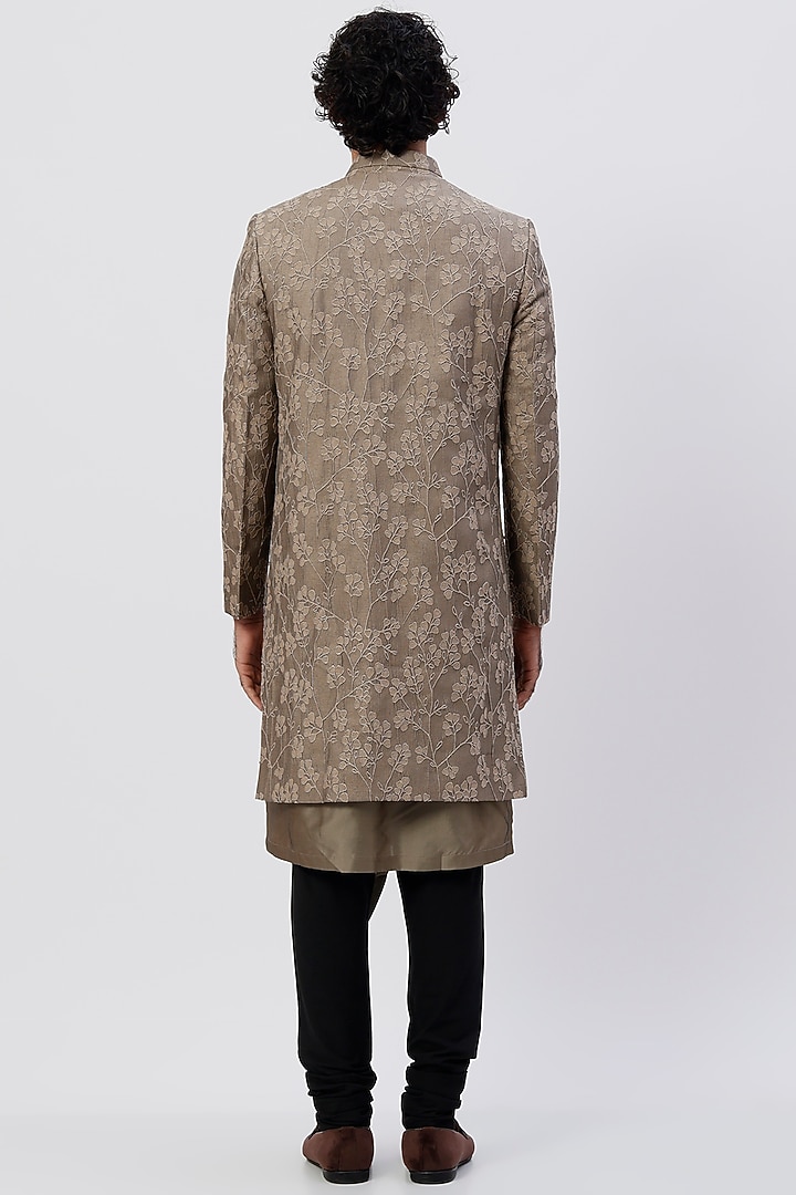 Metallic Olive Green Silk Embroidered Asymmetrical Wedding Indowestern Set by Agape Men at Pernia's Pop Up Shop