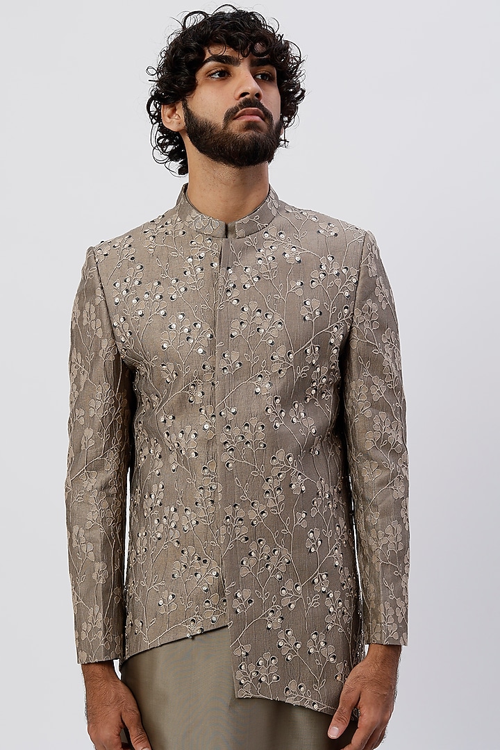 Metallic Olive Green Silk Embroidered Asymmetrical Wedding Indowestern Set by Agape Men at Pernia's Pop Up Shop