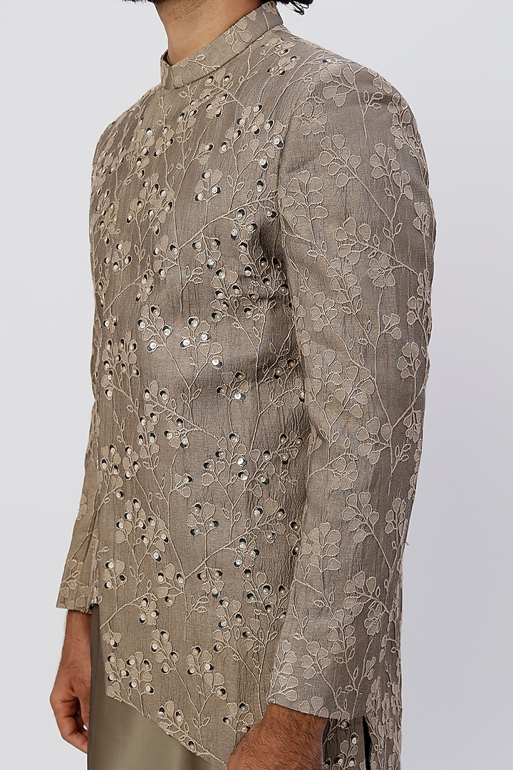Metallic Olive Green Silk Embroidered Asymmetrical Wedding Indowestern Set by Agape Men at Pernia's Pop Up Shop