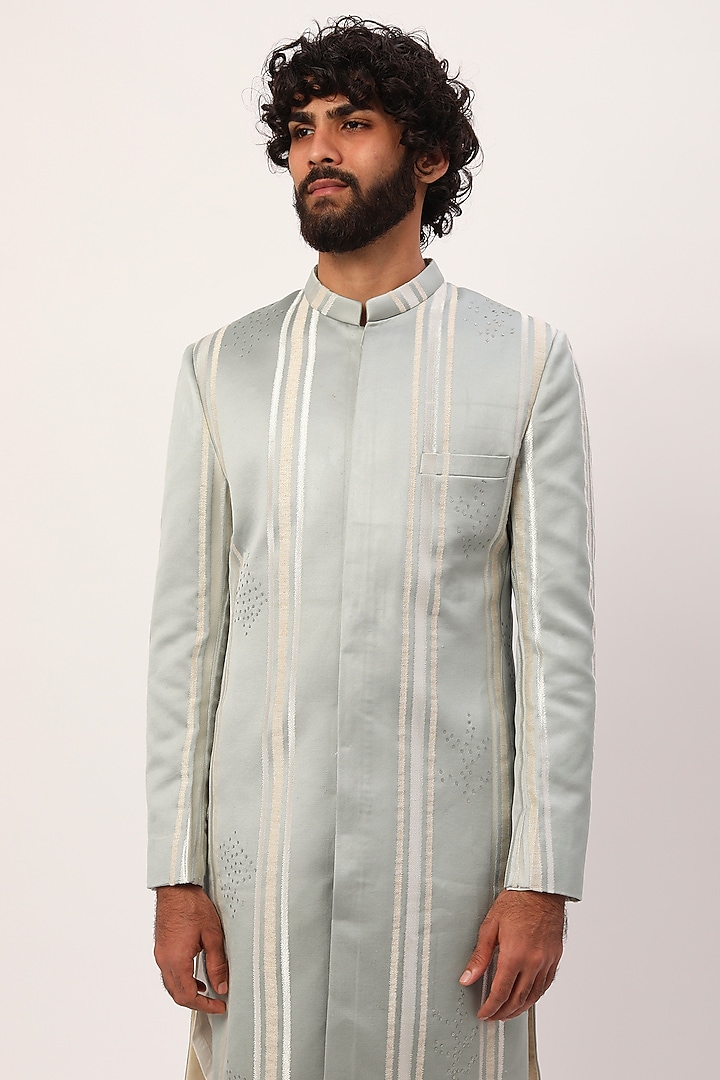 Sea Green Suiting Embroidered Wedding Sherwani Set by Agape Men at Pernia's Pop Up Shop
