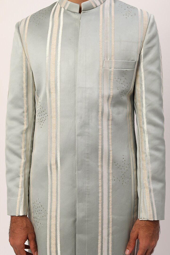 Sea Green Suiting Embroidered Wedding Sherwani Set by Agape Men at Pernia's Pop Up Shop