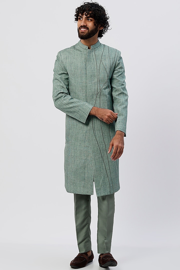 Green Silk Corded Wedding Sherwani Set by Agape Men at Pernia's Pop Up Shop