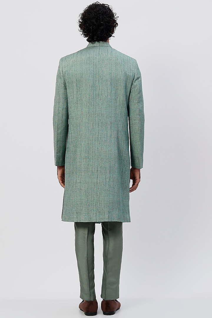 Green Silk Corded Wedding Sherwani Set by Agape Men at Pernia's Pop Up Shop