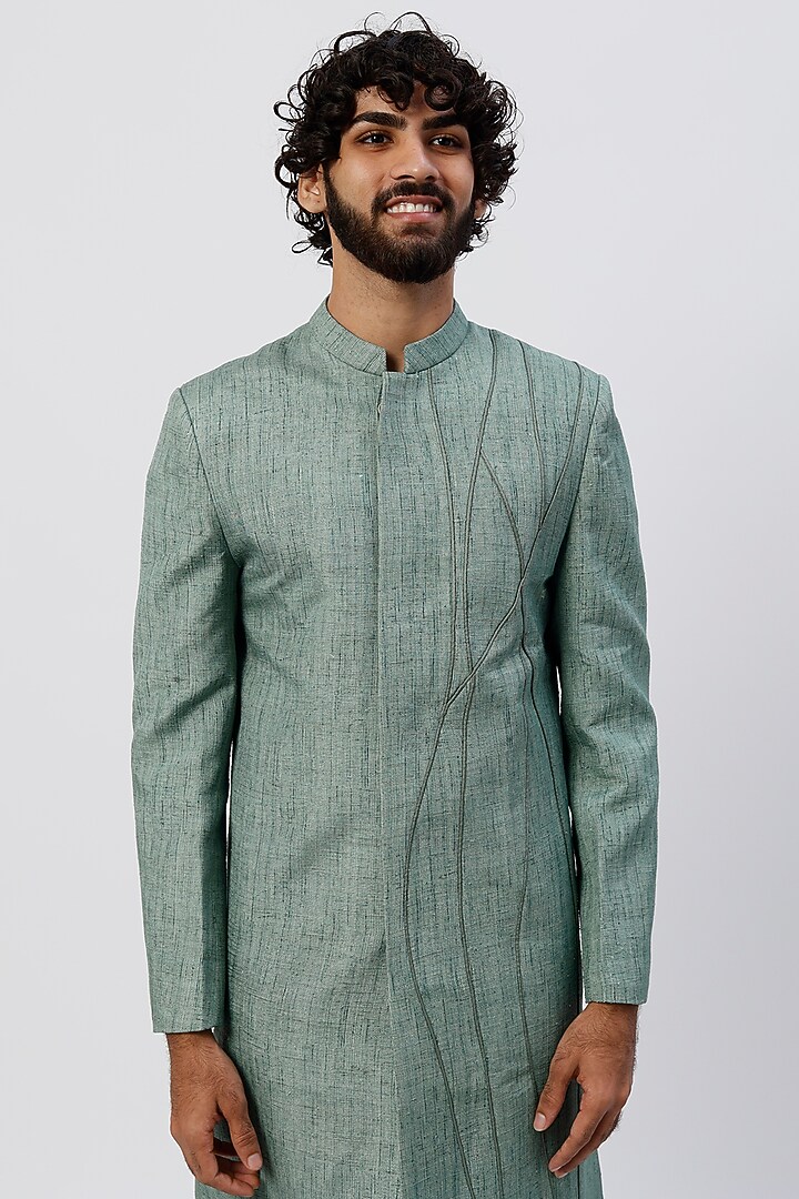 Green Silk Corded Wedding Sherwani Set by Agape Men at Pernia's Pop Up Shop