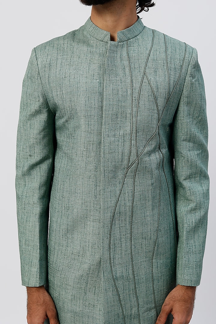Green Silk Corded Wedding Sherwani Set by Agape Men at Pernia's Pop Up Shop