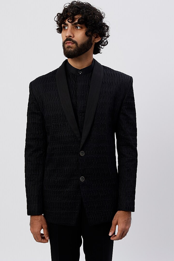 Black Suiting Pintucked Blazer by Agape Men at Pernia's Pop Up Shop