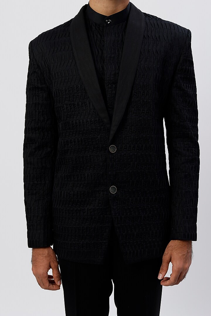 Black Suiting Pintucked Blazer by Agape Men at Pernia's Pop Up Shop