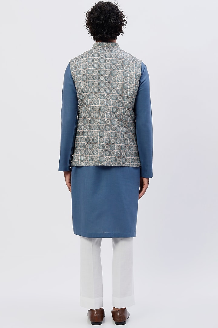 Cobalt Blue Linen Printed Nehru Jacket Set by Agape Men at Pernia's Pop Up Shop