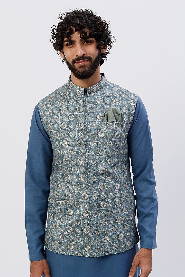 Cobalt Blue Linen Printed Nehru Jacket Set by Agape Men at Pernia's Pop Up Shop
