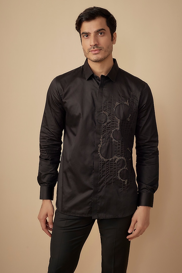 Black Cotton Satin Hand Embroidered Shirt by Agape Men at Pernia's Pop Up Shop