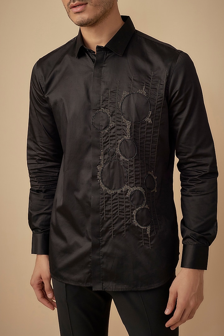 Black Cotton Satin Hand Embroidered Party Wear Shirt by Agape Men at Pernia's Pop Up Shop