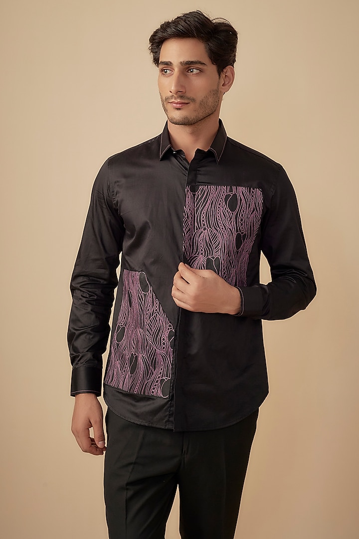 Black Cotton Satin Hand Embroidered Shirt by Agape Men at Pernia's Pop Up Shop