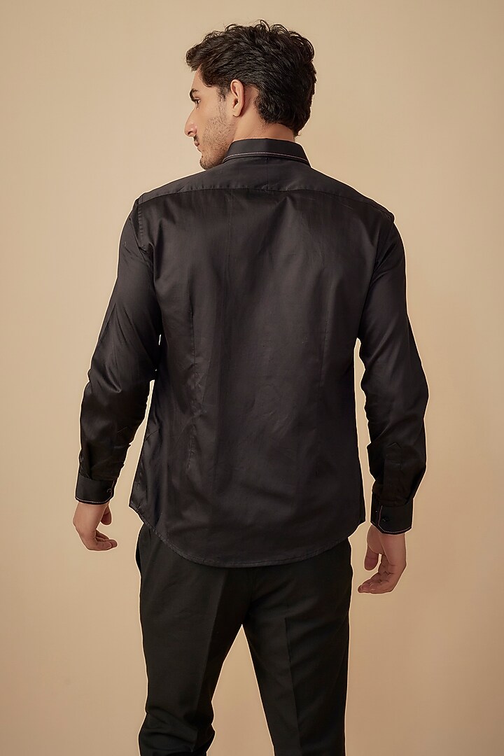 Black Cotton Satin Hand Embroidered Party Wear Shirt by Agape Men at Pernia's Pop Up Shop