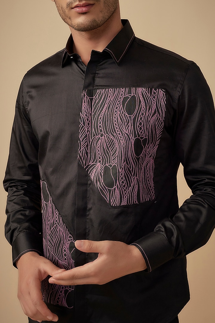 Black Cotton Satin Hand Embroidered Party Wear Shirt by Agape Men at Pernia's Pop Up Shop