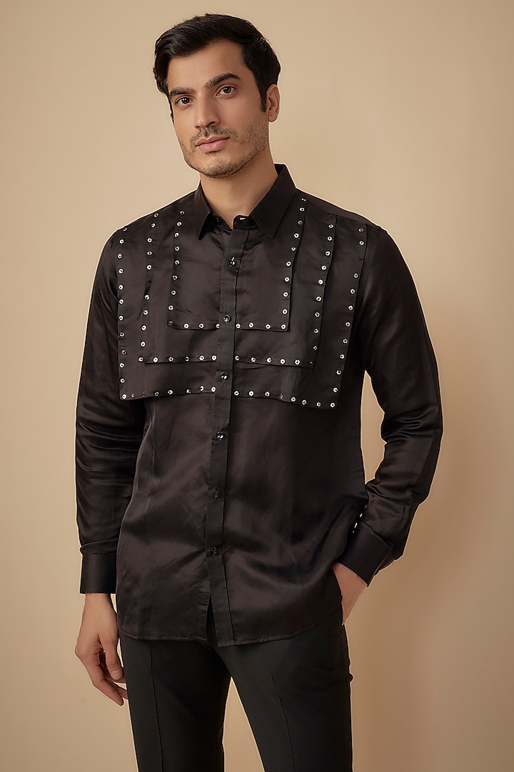 Black Cotton Satin Hand Embroidered Shirt by Agape Men