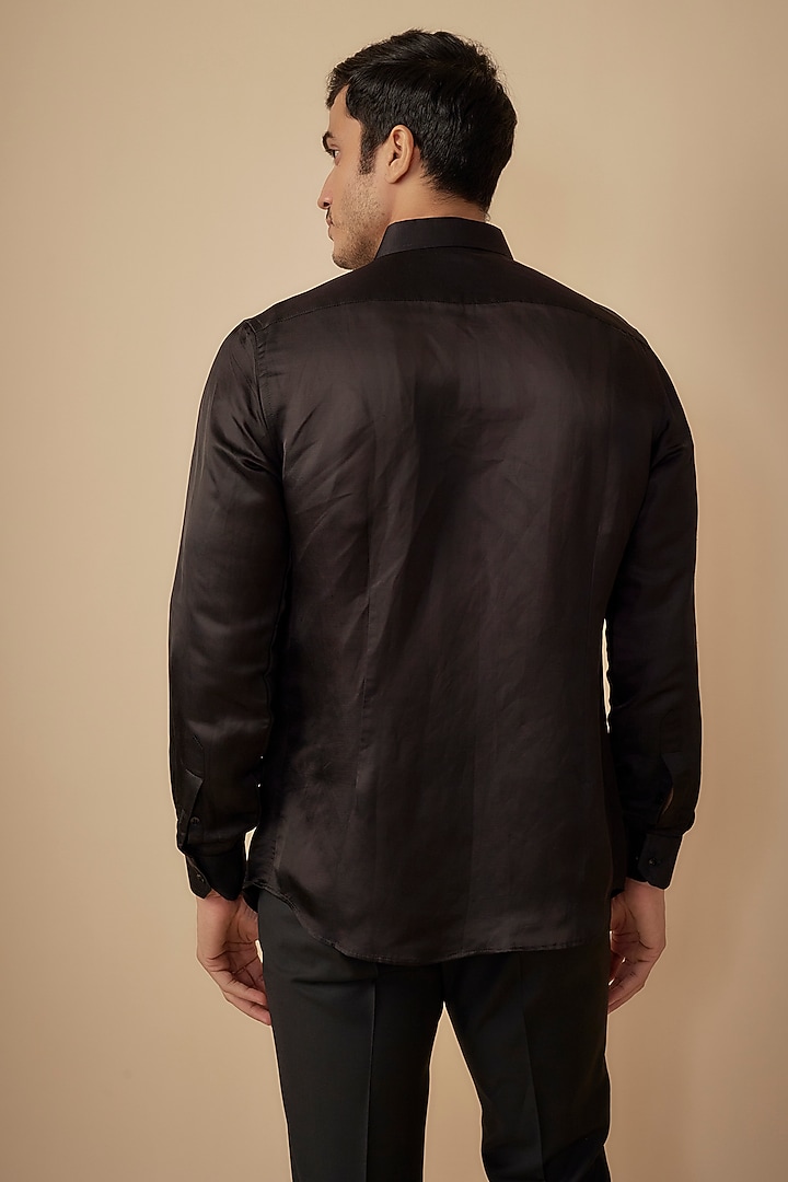 Black Cotton Satin Hand Embroidered Party Wear Shirt by Agape Men at Pernia's Pop Up Shop