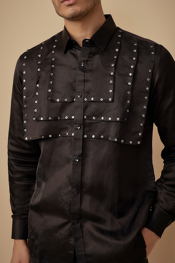 Black Cotton Satin Hand Embroidered Party Wear Shirt by Agape Men at Pernia's Pop Up Shop