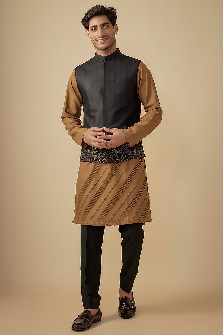 Black Cotton Linen Embroidered Bundi Jacket Set by Agape Men