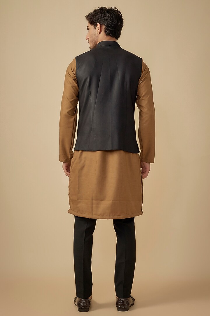 Black Cotton Linen Embroidered Bundi Jacket Set by Agape Men at Pernia's Pop Up Shop