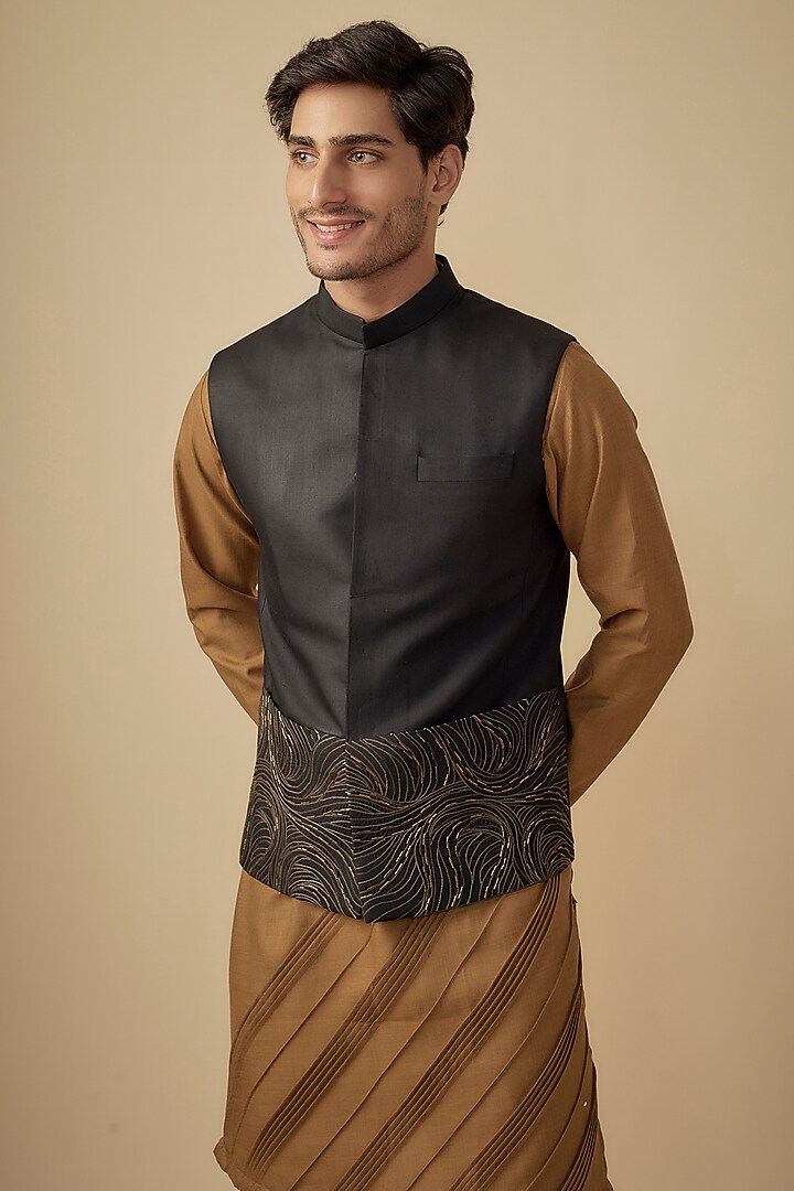 Black Cotton Linen Embroidered Bundi Jacket Set by Agape Men at Pernia's Pop Up Shop
