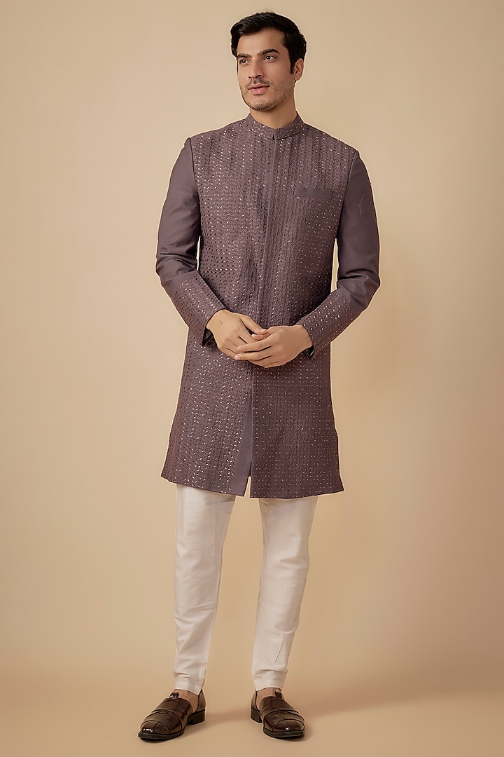 Purple Suiting Hand Embroidered Sherwani Set by Agape Men