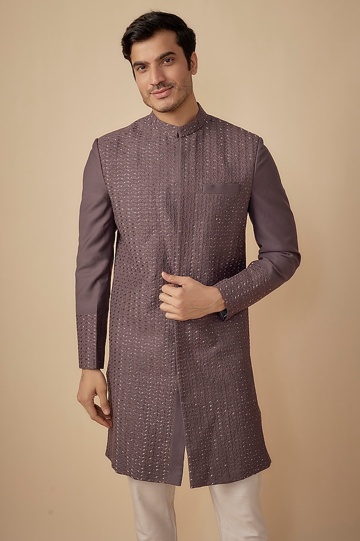 Purple Suiting Hand Embroidered Wedding Sherwani Set by Agape Men at Pernia's Pop Up Shop