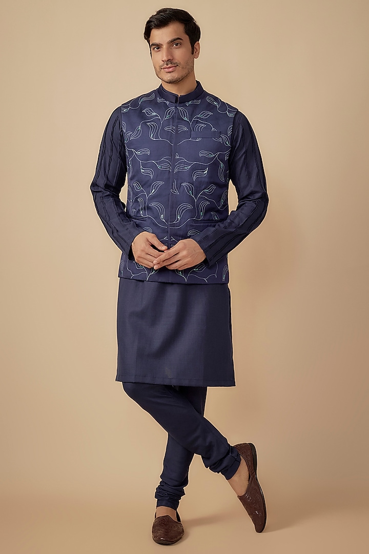 Blue Silk Satin Embroidered Bundi Jacket Set by Agape Men