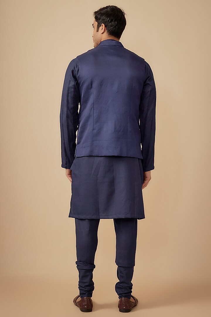 Blue Silk Satin Embroidered Bundi Jacket Set by Agape Men at Pernia's Pop Up Shop