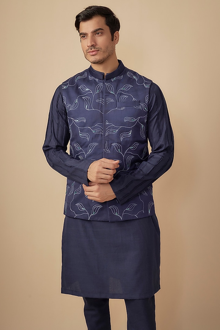 Blue Silk Satin Embroidered Bundi Jacket Set by Agape Men at Pernia's Pop Up Shop